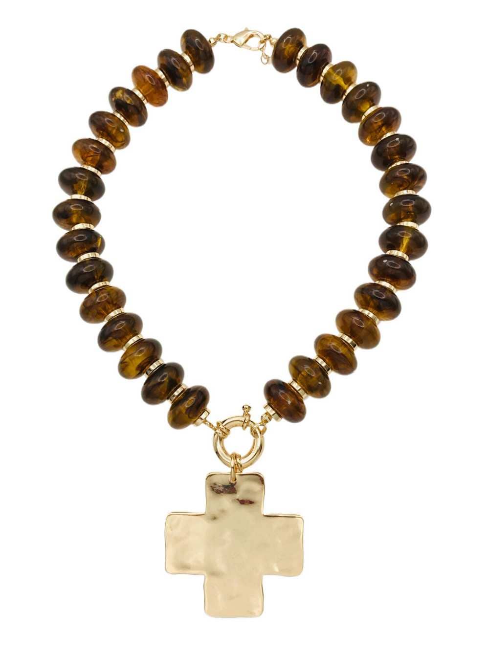 Brown Acrylic Oval Hammered Cross