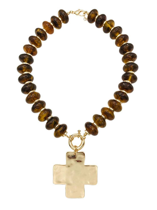 Brown Acrylic Oval Hammered Cross