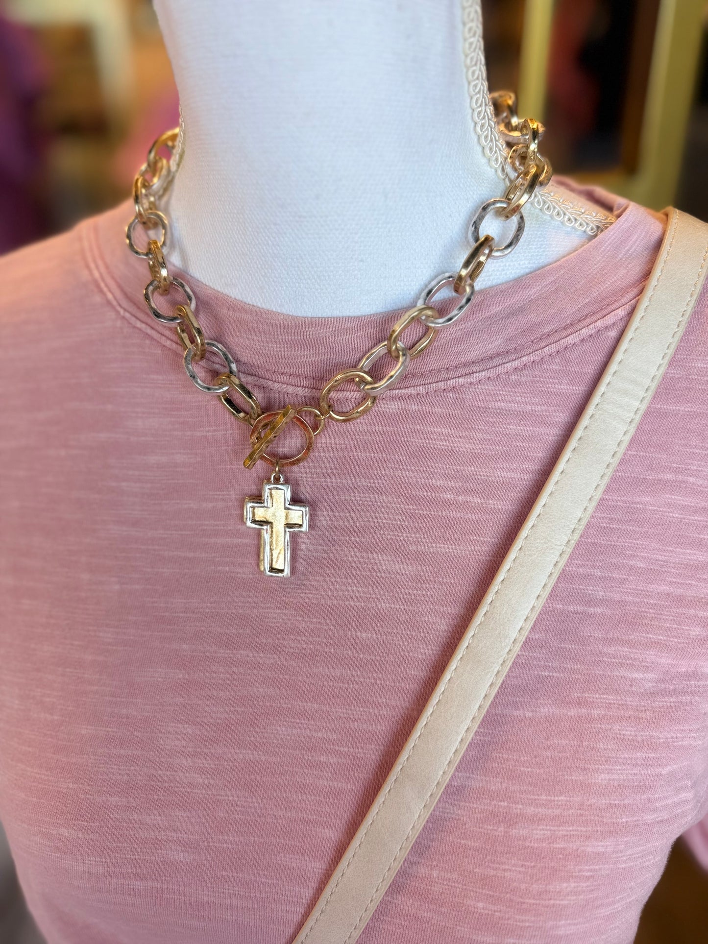 WORN SILVER & GOLD DOUBLE CROSS