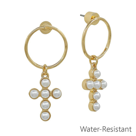Open Circle with Cross Pearl Earring