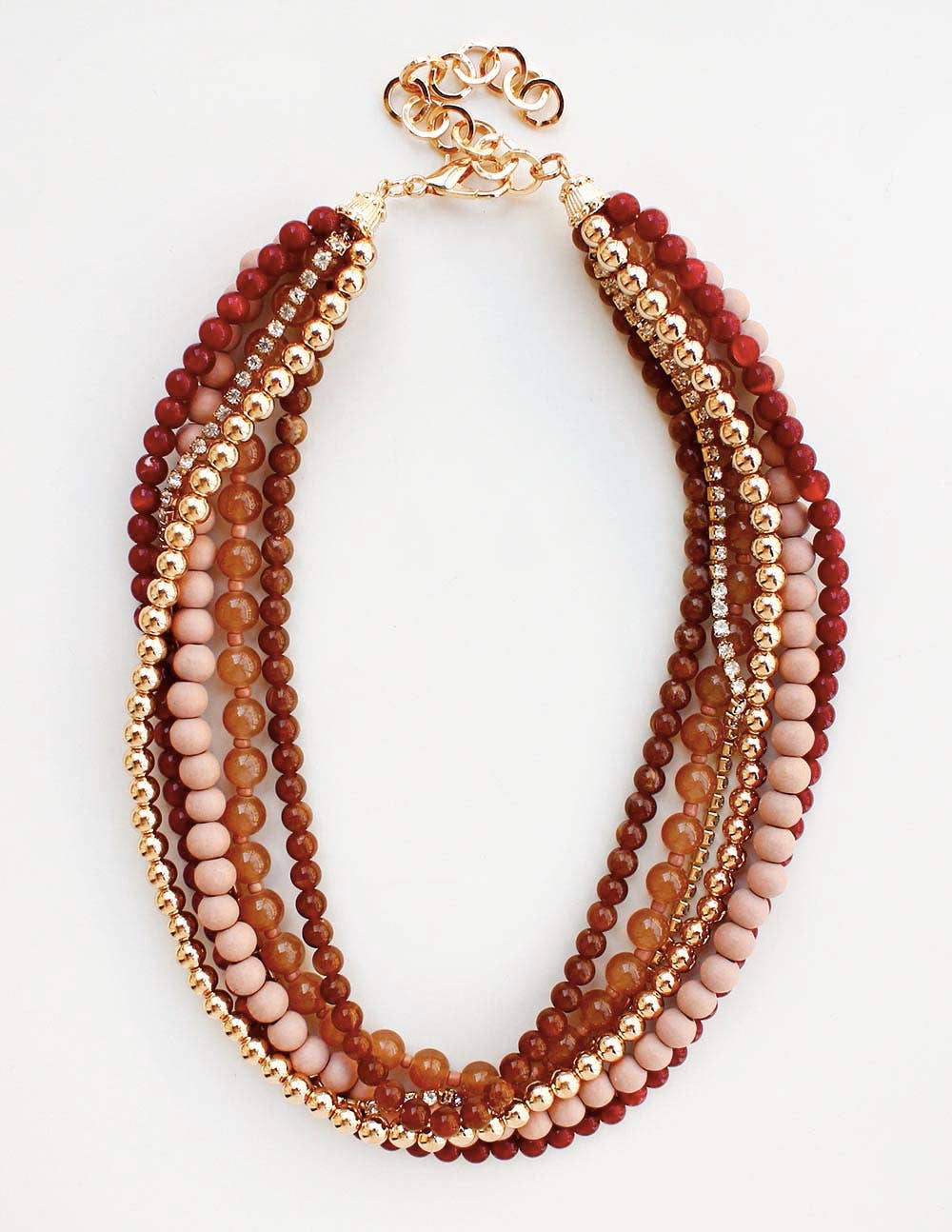Multi Layered Brown Wood and Gold Beaded 16"-18" Necklace