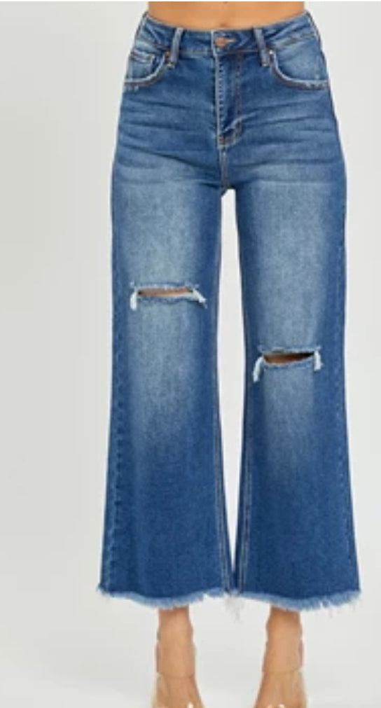 RISEN HIGH RISE FRAYED ANKLE WIDE JEANS