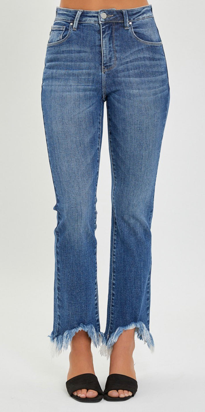 RISEN HIGH RISE FRAY HEM ANKLE BOOTCUT JEANS  look