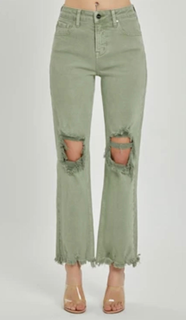 RISEN OLIVE HIGH RISE KNEE DISTRESSED STRAIGHT JEANS