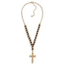 Load image into Gallery viewer, Chain Link And Wood Beaded Necklace With Bamboo Cross Pendant
