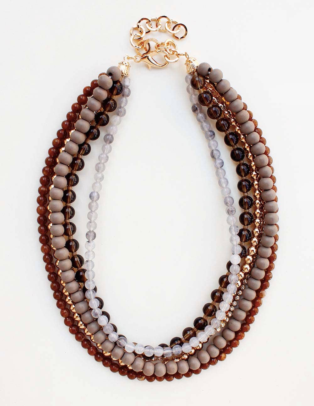 Multi Layered Grey Wood and Gold Beaded 16"-18" Necklace