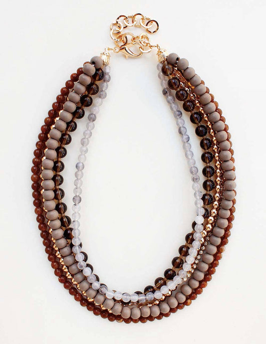 Multi Layered Grey Wood and Gold Beaded 16"-18" Necklace