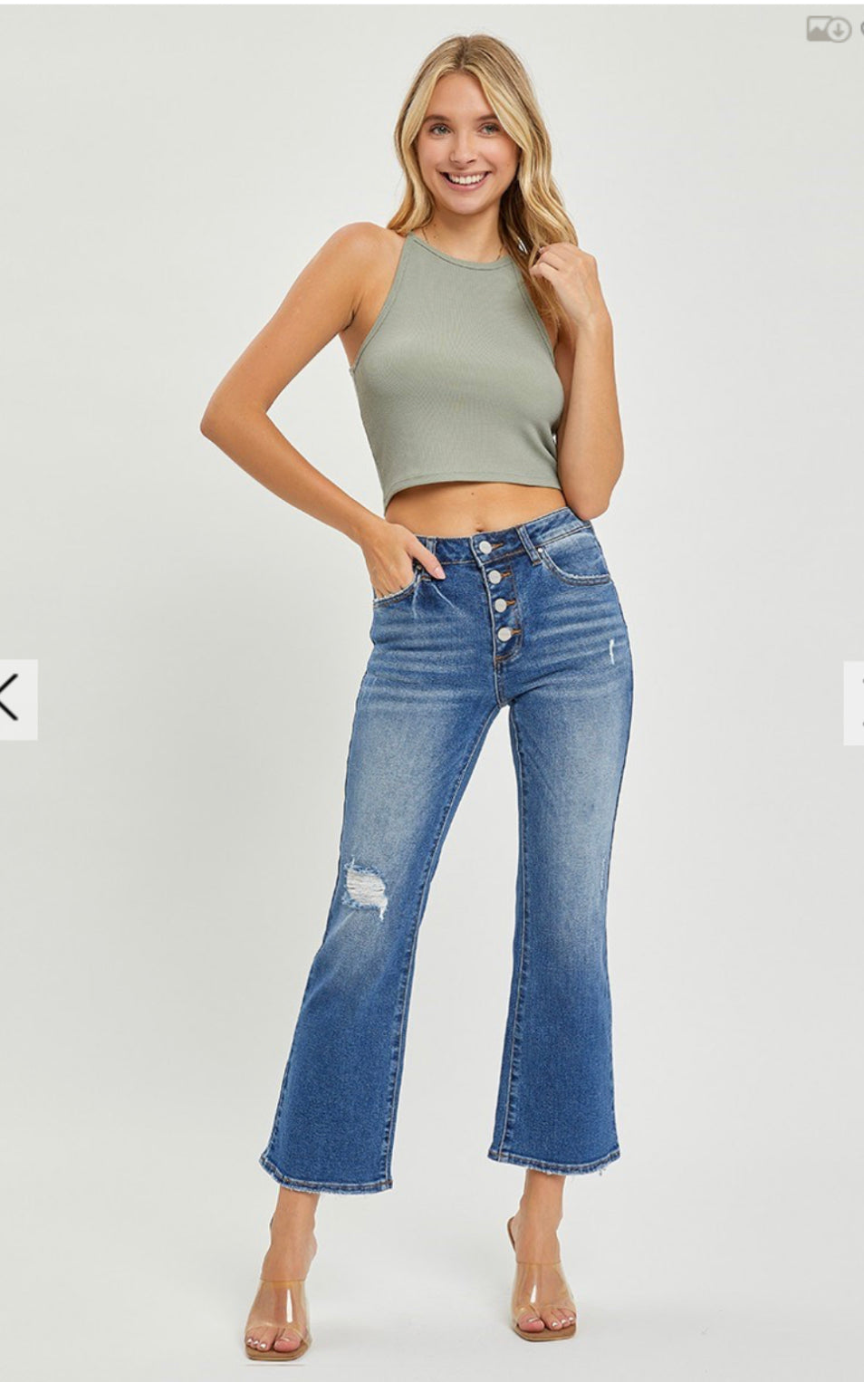 RISEN MID RISE BUTTON DOWN CROP FLARE JEANS